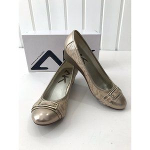Anne Klein Sport Shoes Slip On Wedge Beige Snakeskin Gold Buckle Covered Pump